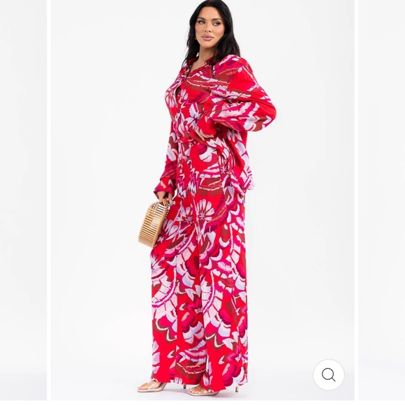 098. Vibrant. 2pc set MULTI PRINT WIDE LEG PALAZZO PANTS with Blouse %100 Model - Picture 4 of 4